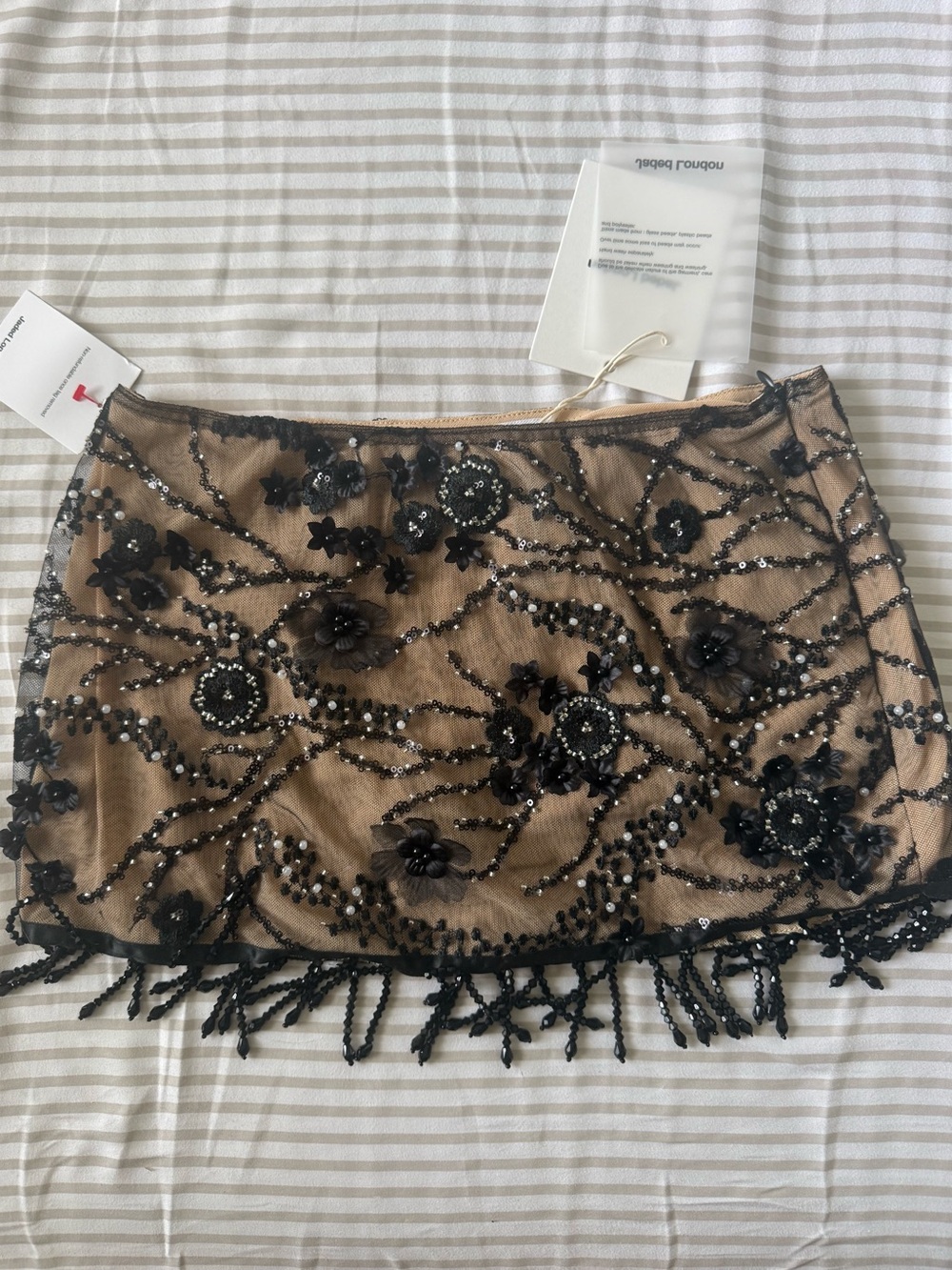 Jaded London Black Beaded Floral Mini Skirt on Nude Base